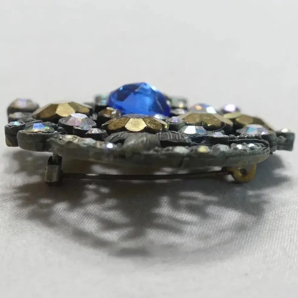 Vintage Mid Century Flower Basket Brooch with Cobalt, Aurora Borealis Rhinestone